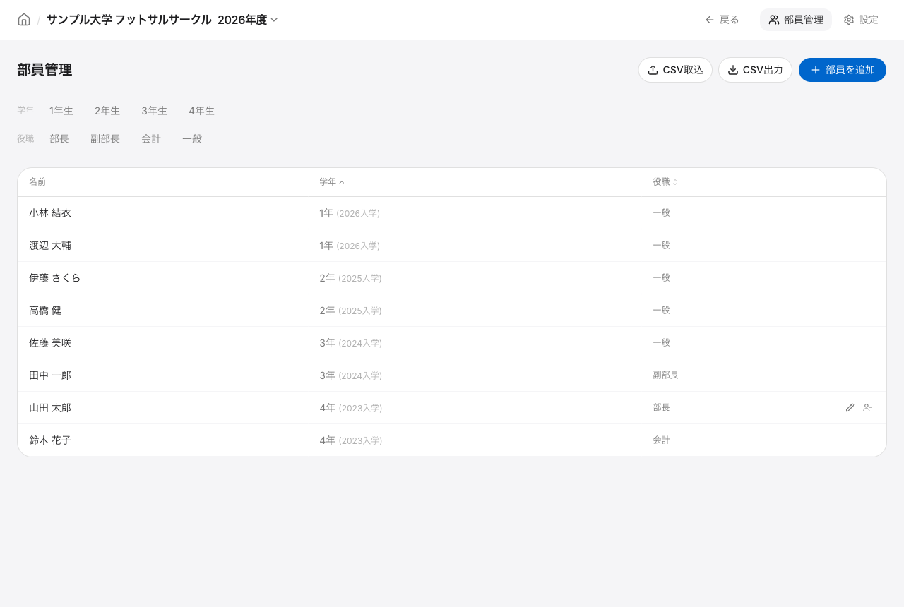 部員名簿も、会計とひとつに。